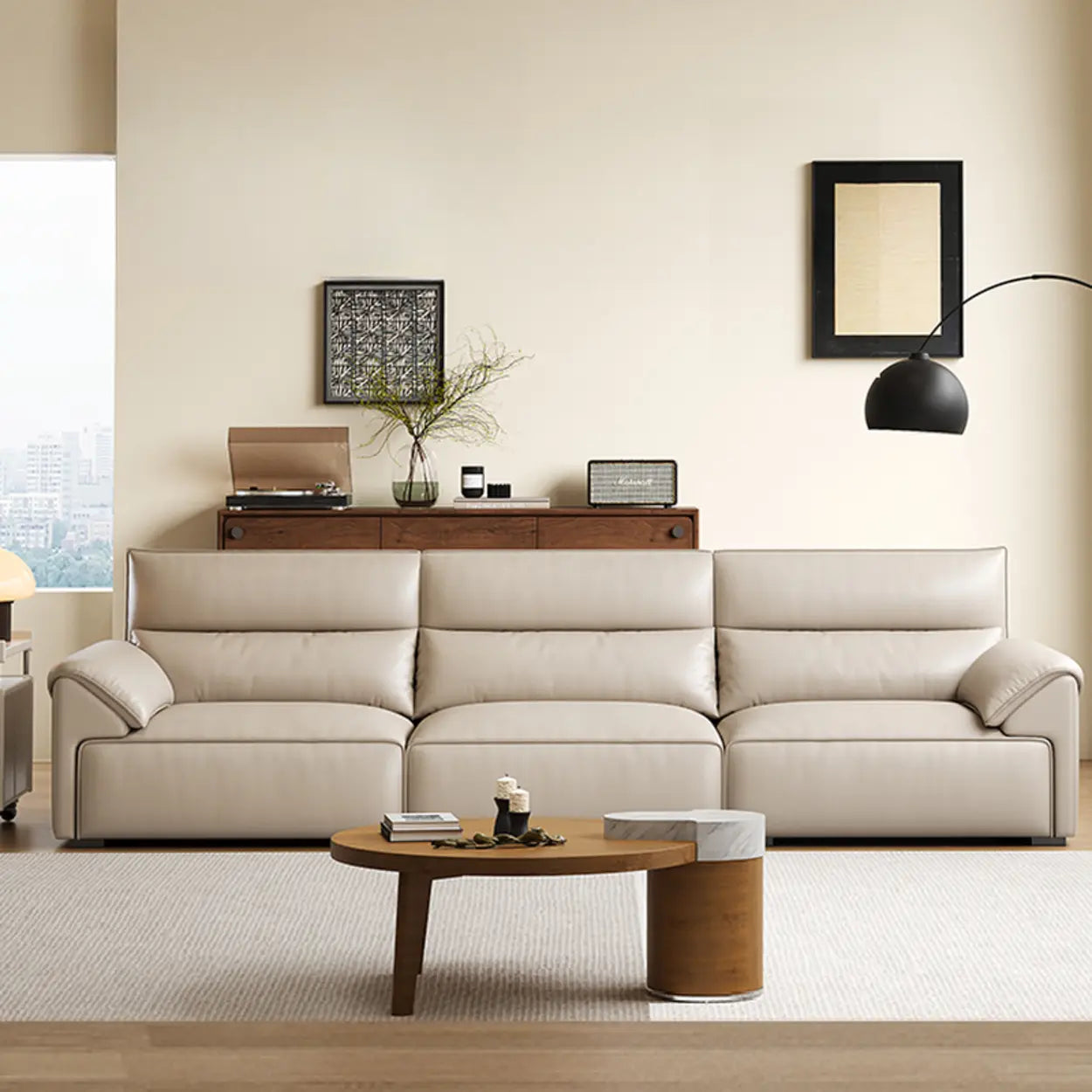 Modern Beige Genuine Leather Wide Seat Sofa