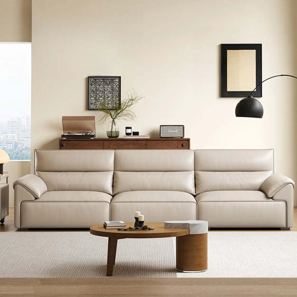 Modern Beige Genuine Leather Wide Seat Sofa