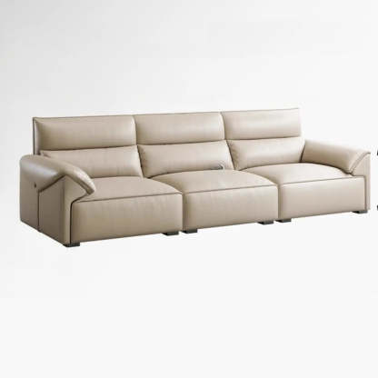 Modern Beige Genuine Leather Wide Seat Sofa