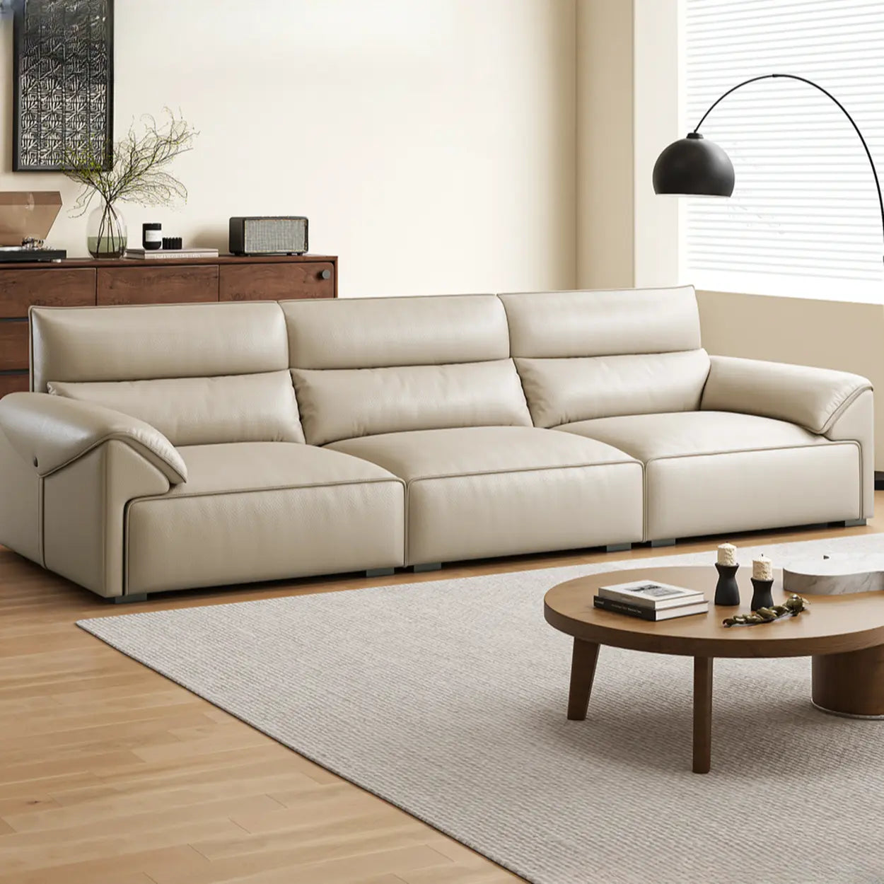 Modern Beige Genuine Leather Wide Seat Sofa