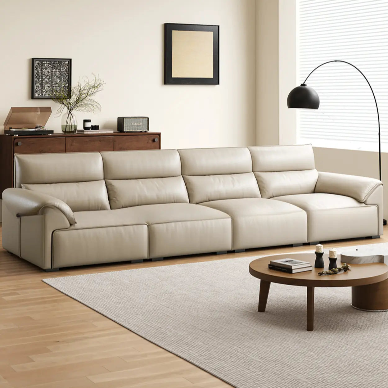 Modern Beige Genuine Leather Wide Seat Sofa