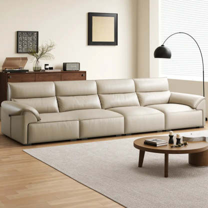 Modern Beige Genuine Leather Wide Seat Sofa