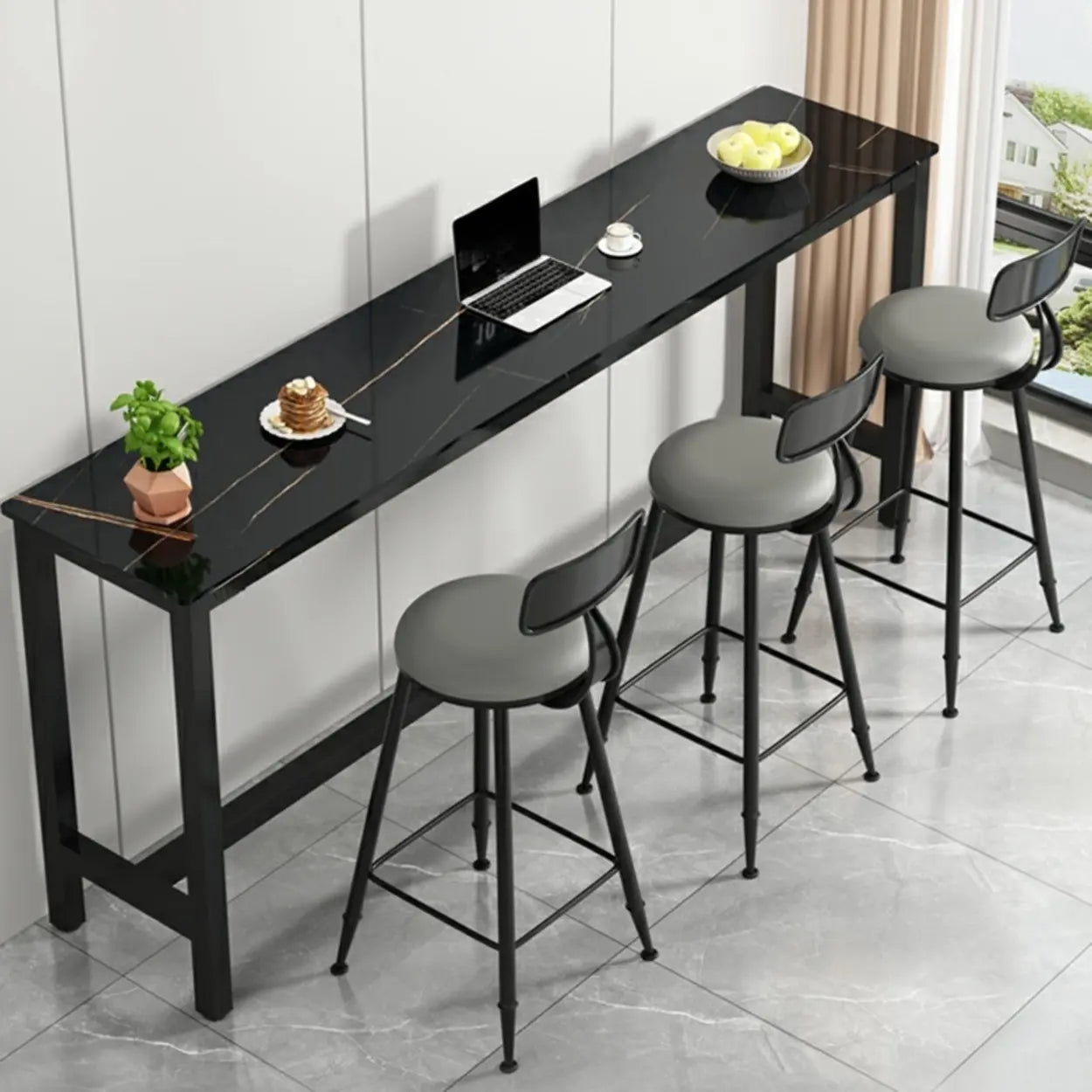 Modern Rectangular Narrow Bar Table with Footrest — Without Chairs / Gray