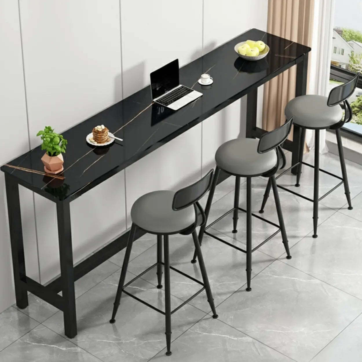 Modern Rectangular Narrow Bar Table with Footrest — Without Chairs / Gray