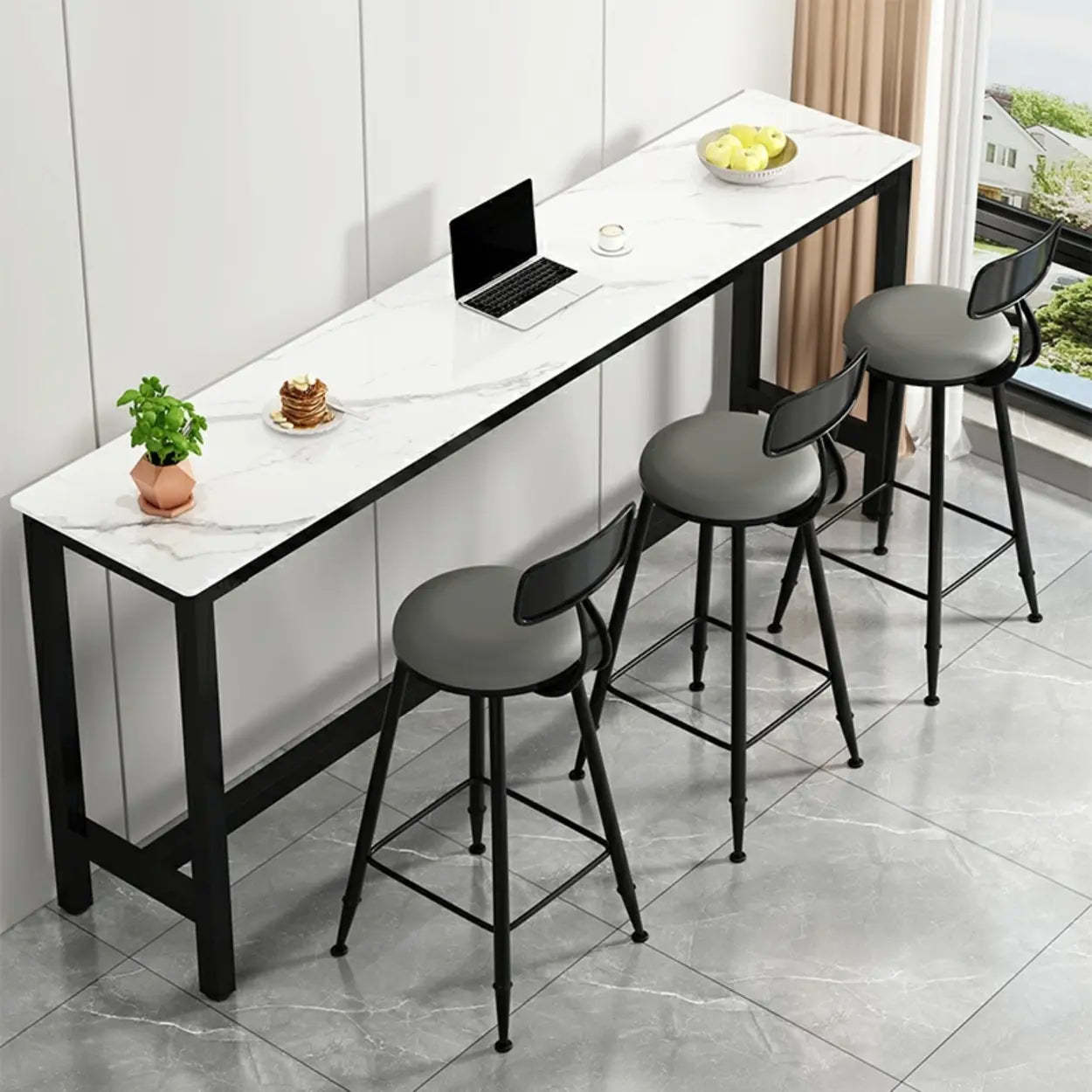 Modern Rectangular Narrow Bar Table with Footrest — Without Chairs / Black