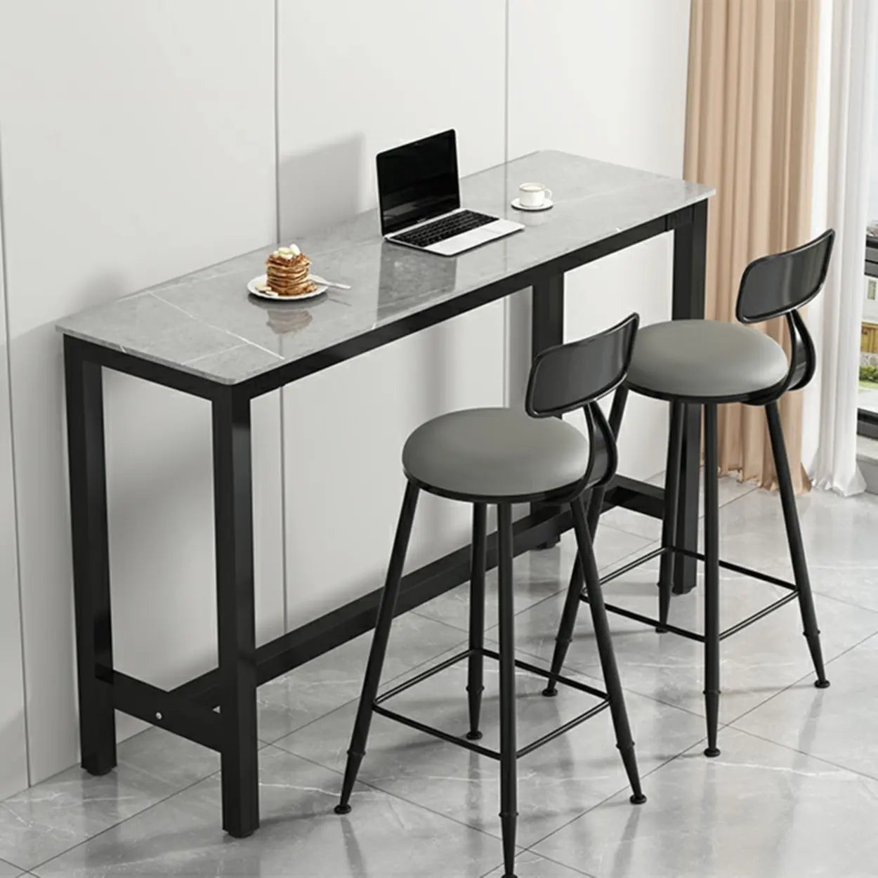 Modern Rectangular Narrow Bar Table with Footrest — Without Chairs / White