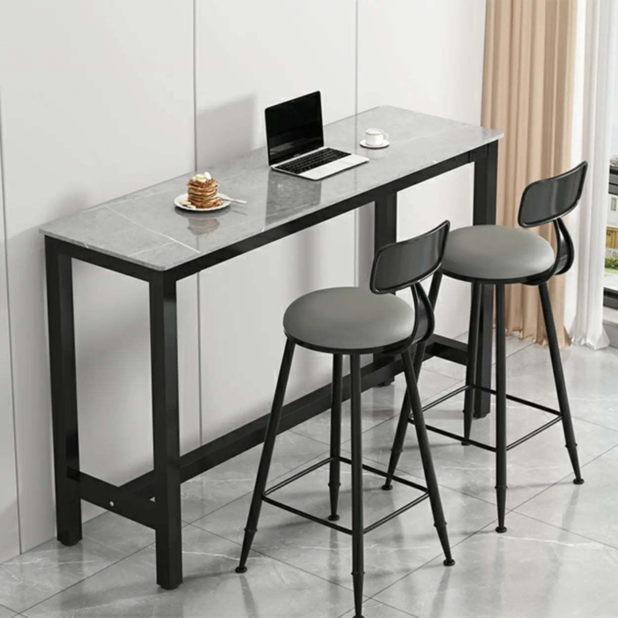 Modern Rectangular Narrow Bar Table with Footrest — Without Chairs / White
