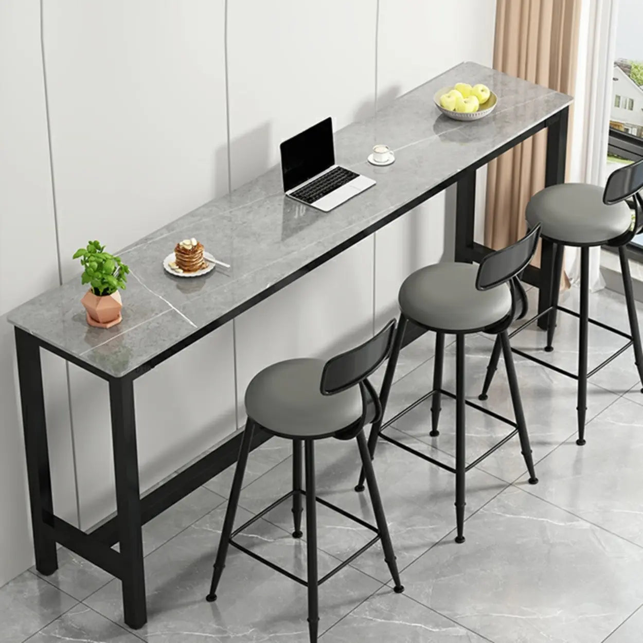 Modern Rectangular Narrow Bar Table with Footrest — Without Chairs / Black