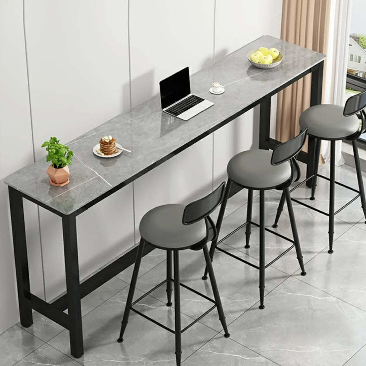Modern Rectangular Narrow Bar Table with Footrest — Without Chairs / Black