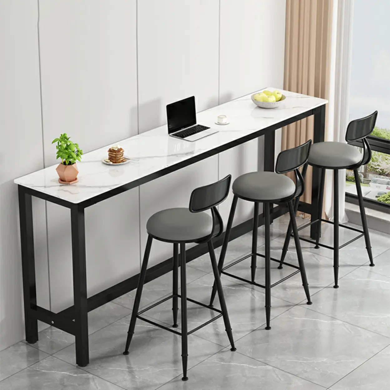 Modern Rectangular Narrow Bar Table with Footrest — Without Chairs / White