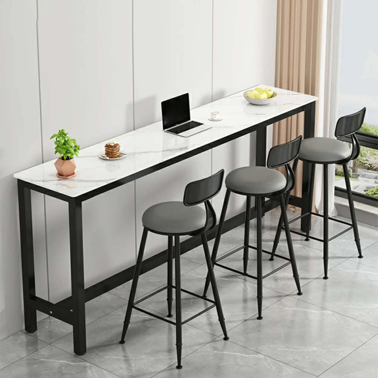 Modern Rectangular Narrow Bar Table with Footrest — Without Chairs / White