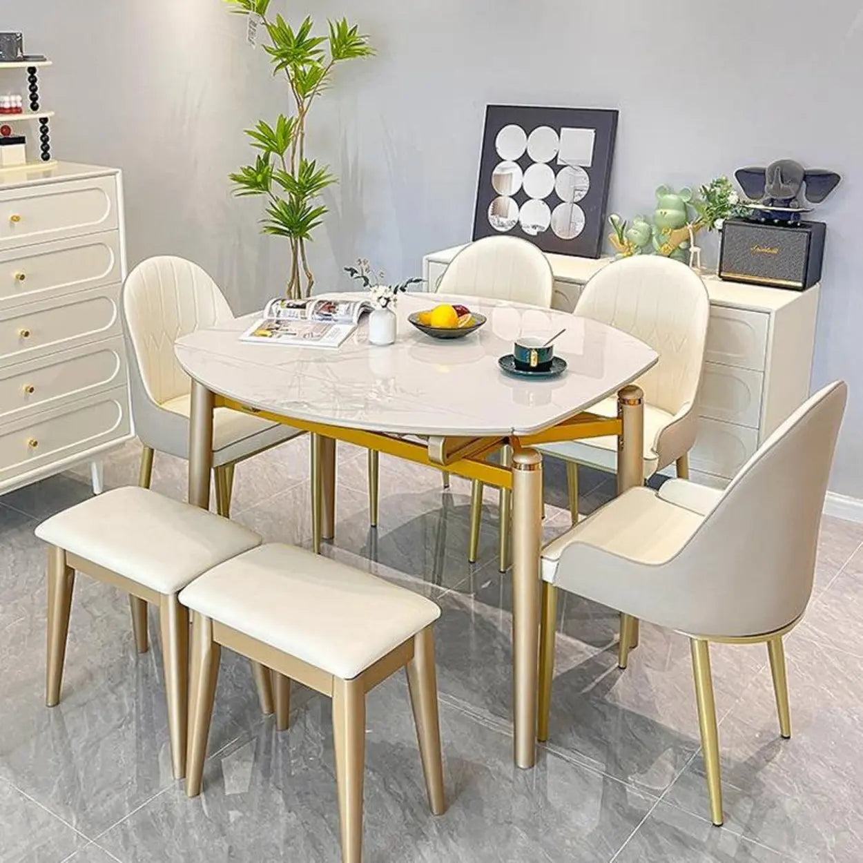 Modern Scratch-Resistant Oval Self-Storing Dining Table — Table Only