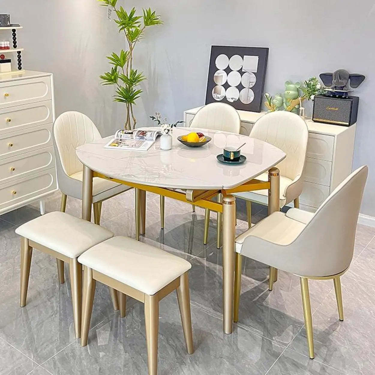 Modern Scratch-Resistant Oval Self-Storing Dining Table — Table Only