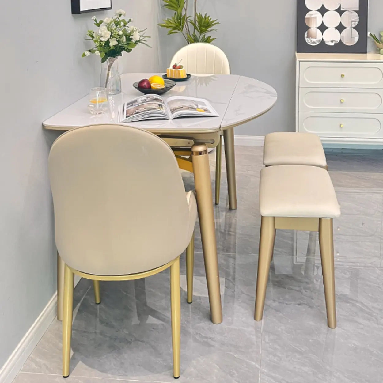 Modern Scratch-Resistant Oval Self-Storing Dining Table