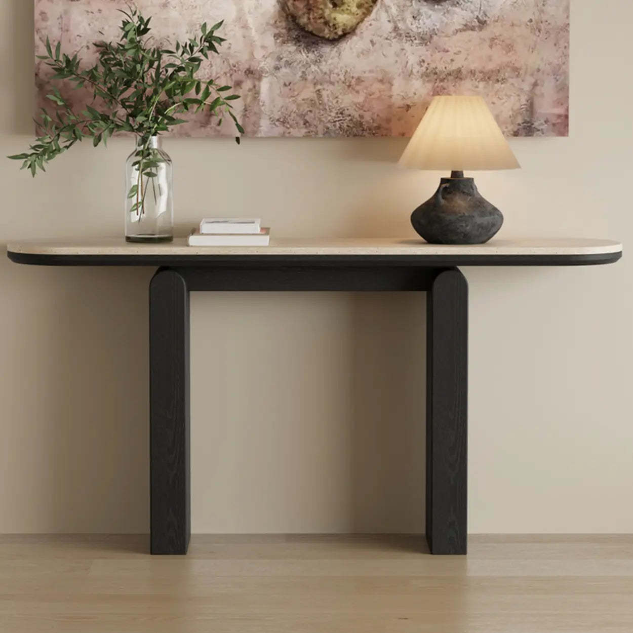 Modern Oval Stone Top Console Table — Black