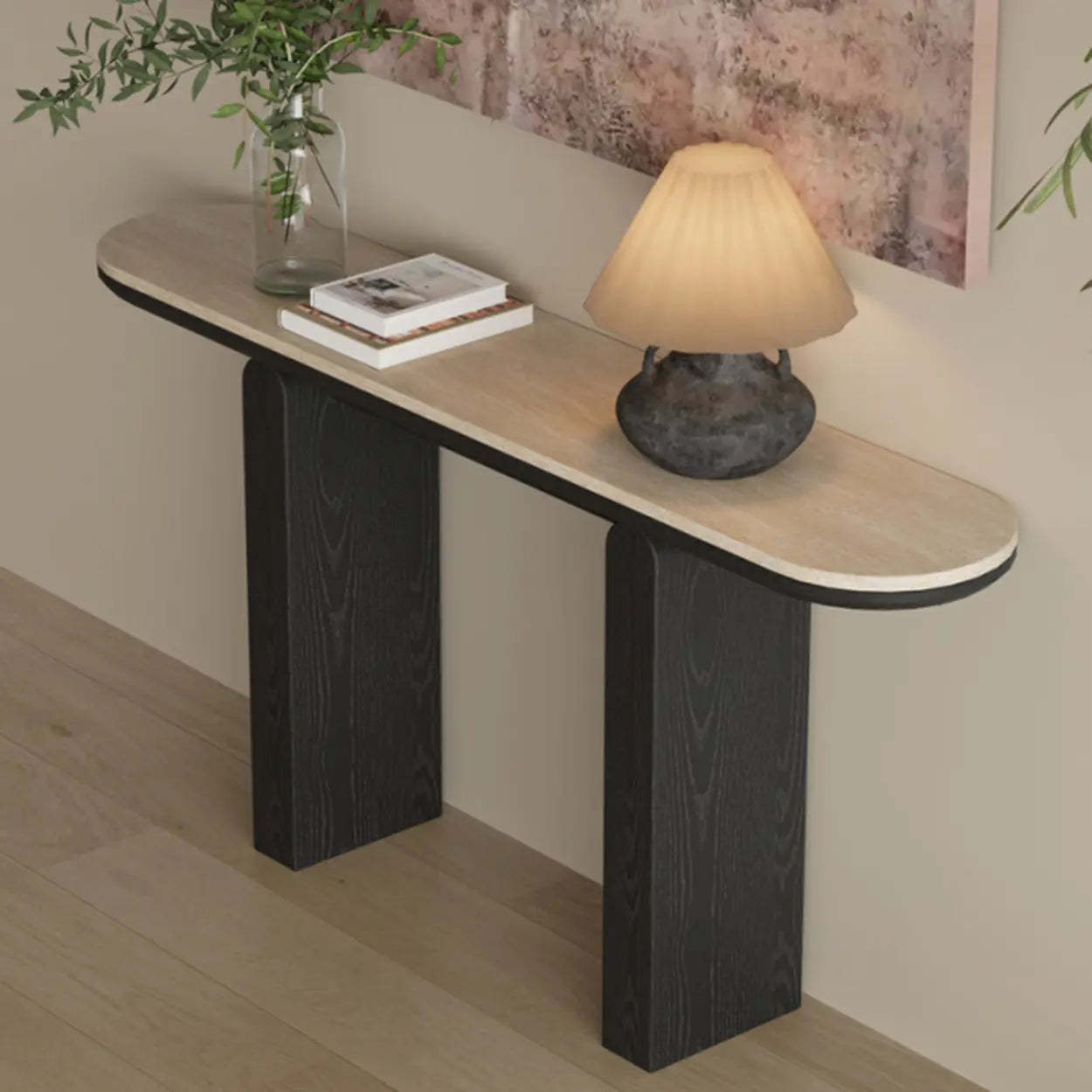 Modern Oval Stone Top Console Table — Black