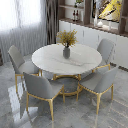 Modern Round White Stone Dining Table — Black / Table Only