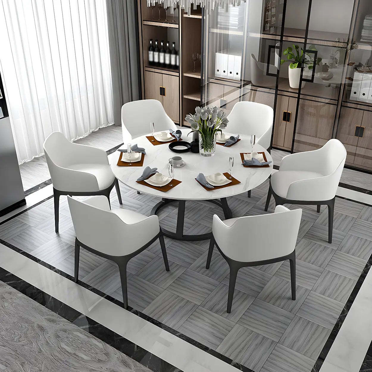 Modern Round White Stone Dining Table — Black / Table Only
