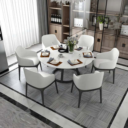 Modern Round White Stone Dining Table — Black / Table Only