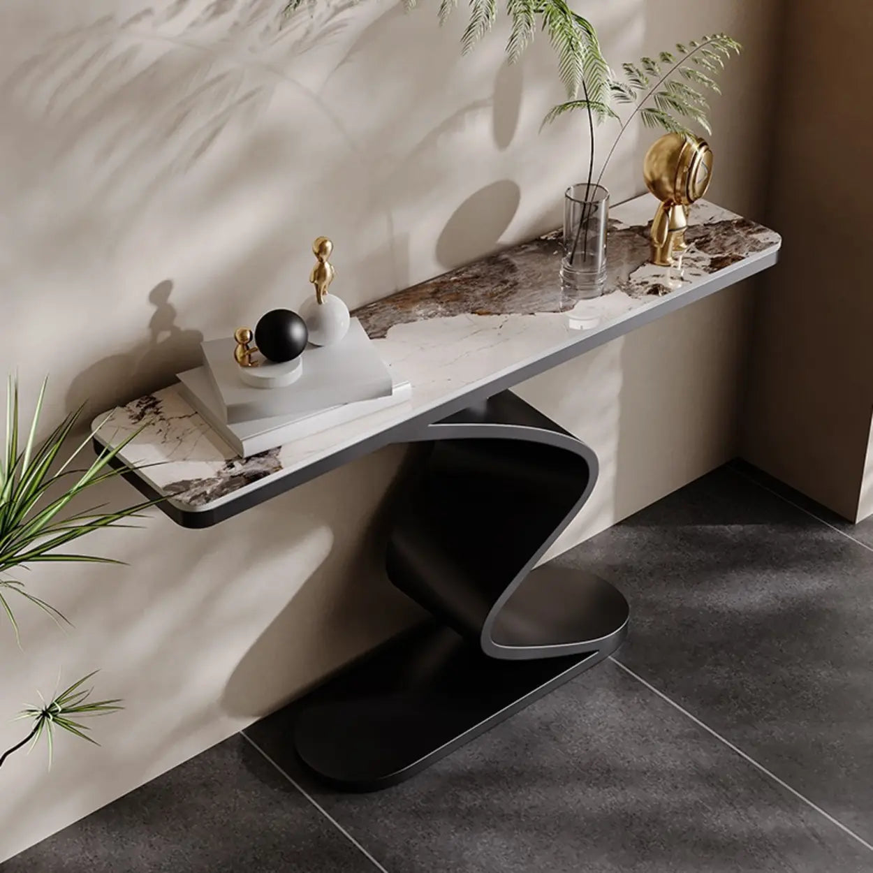 Modern Stone Top Curved-Base Console Table — Black / White