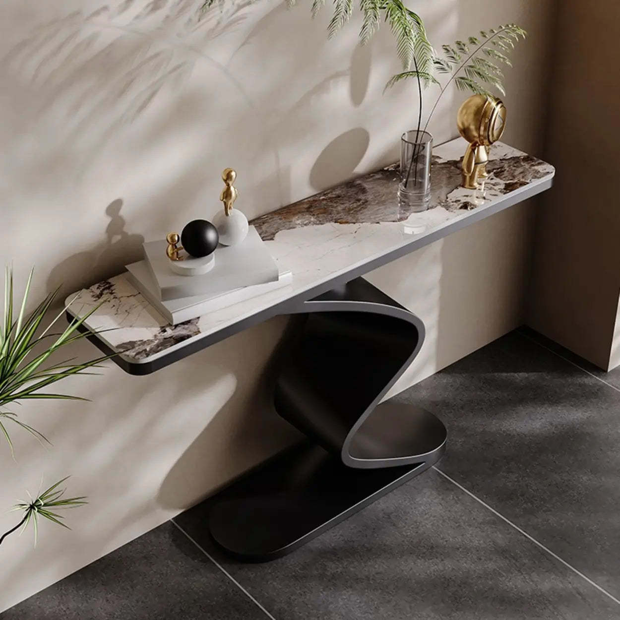 Modern Stone Top Curved-Base Console Table — Black / White