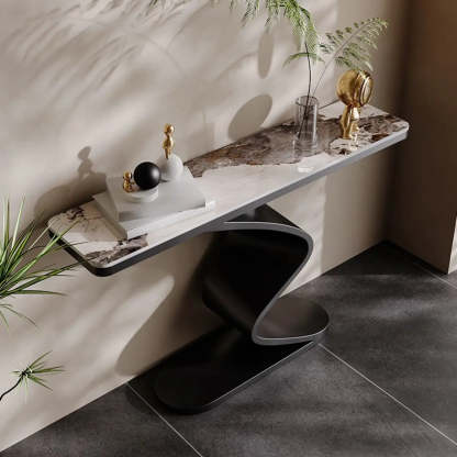Modern Stone Top Curved-Base Console Table — Black / White