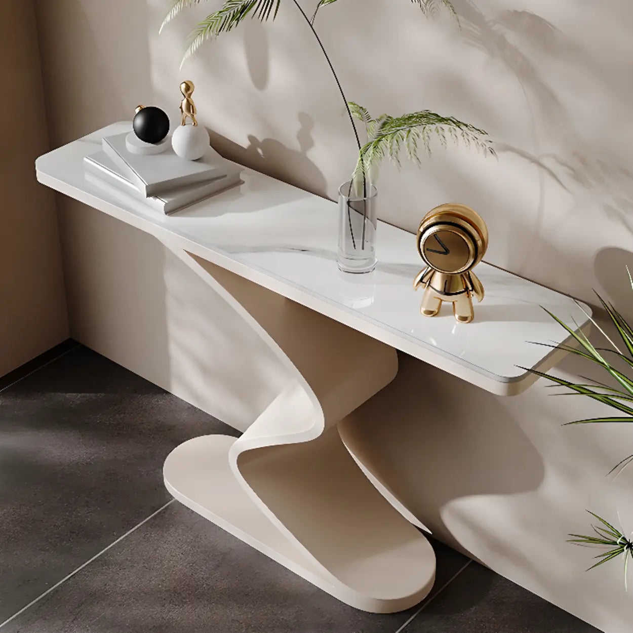 Modern Stone Top Curved-Base Console Table — Black / Beige