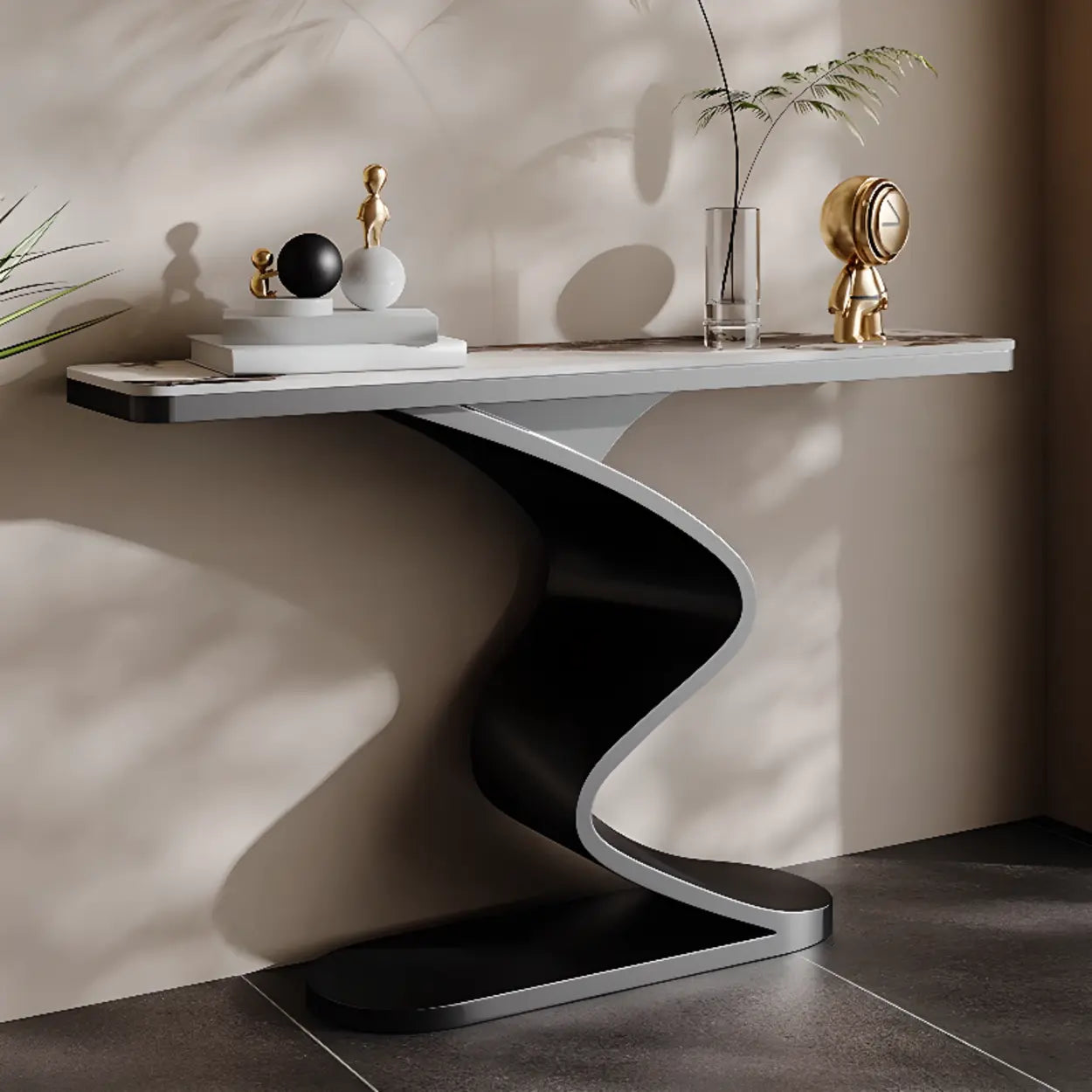 Modern Stone Top Curved-Base Console Table — Black / Beige