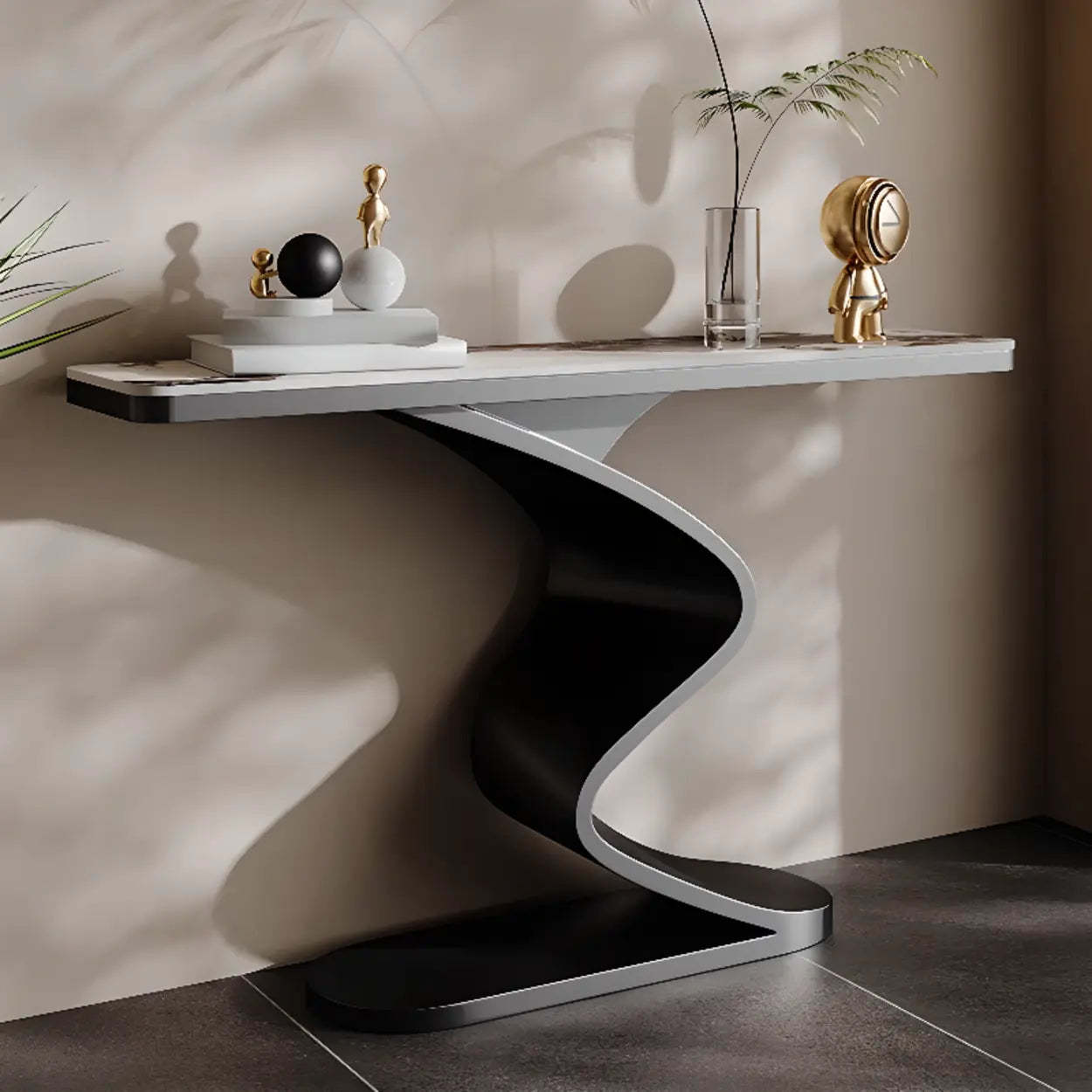 Modern Stone Top Curved-Base Console Table — Black / Beige