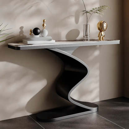 Modern Stone Top Curved-Base Console Table — Black / Beige