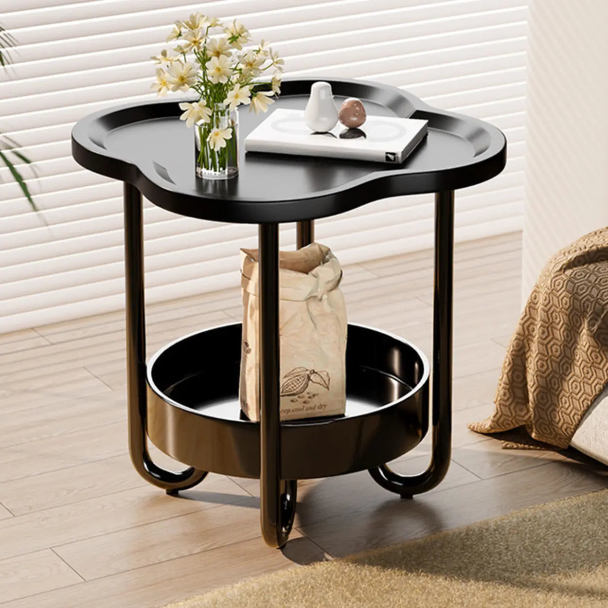 Modern Black Small Side Table with Shelf