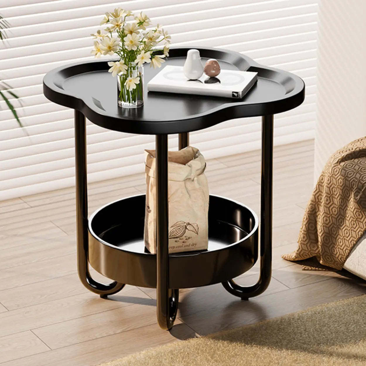 Modern Black Small Side Table with Shelf — Black