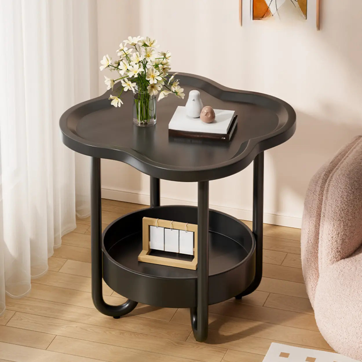 Modern Black Small Side Table with Shelf — White