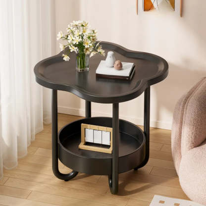 Modern Black Small Side Table with Shelf — White