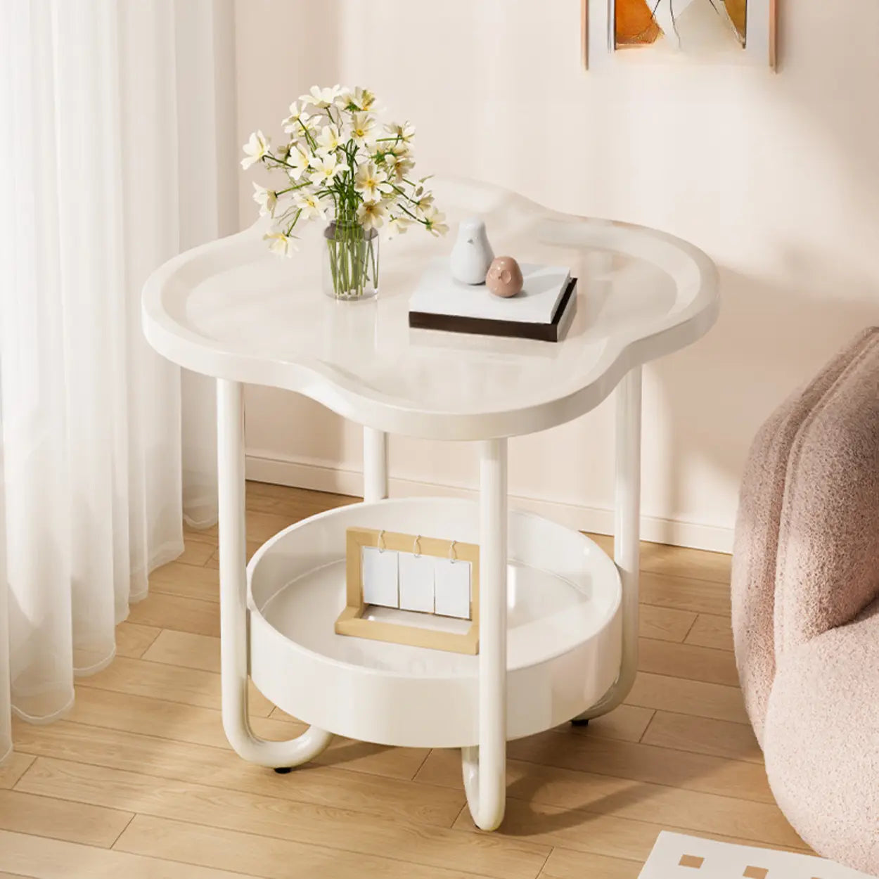 Modern Black Small Side Table with Shelf — White