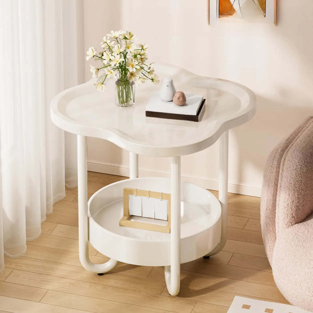 Modern Black Small Side Table with Shelf — White