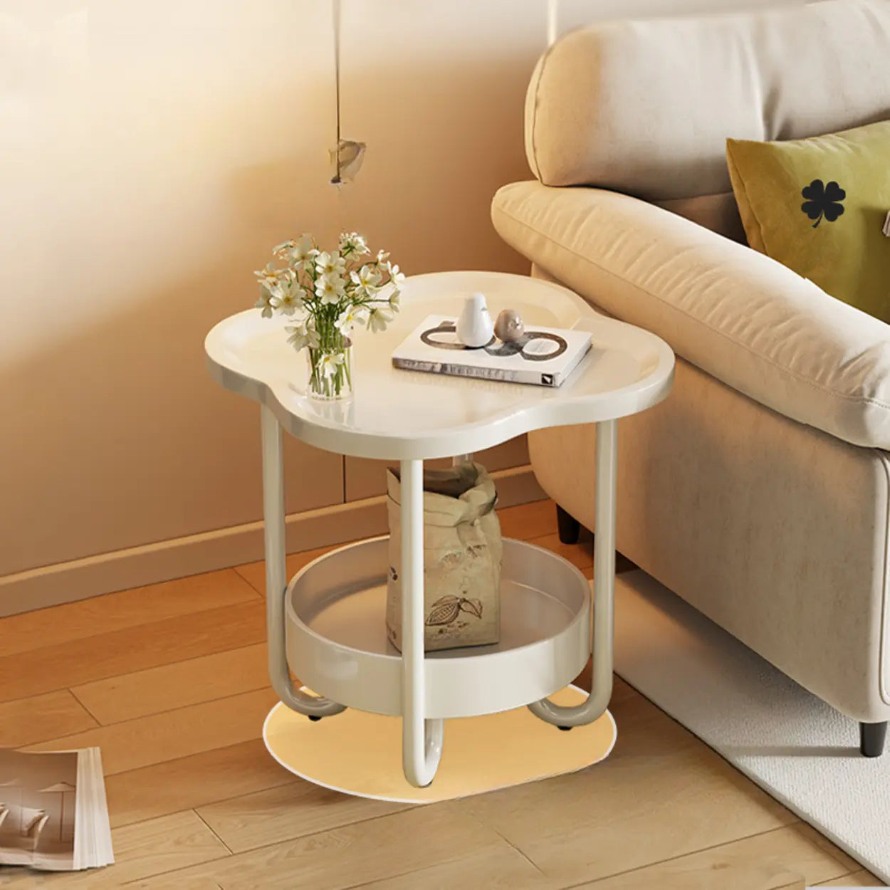 Modern Black Small Side Table with Shelf — Brown