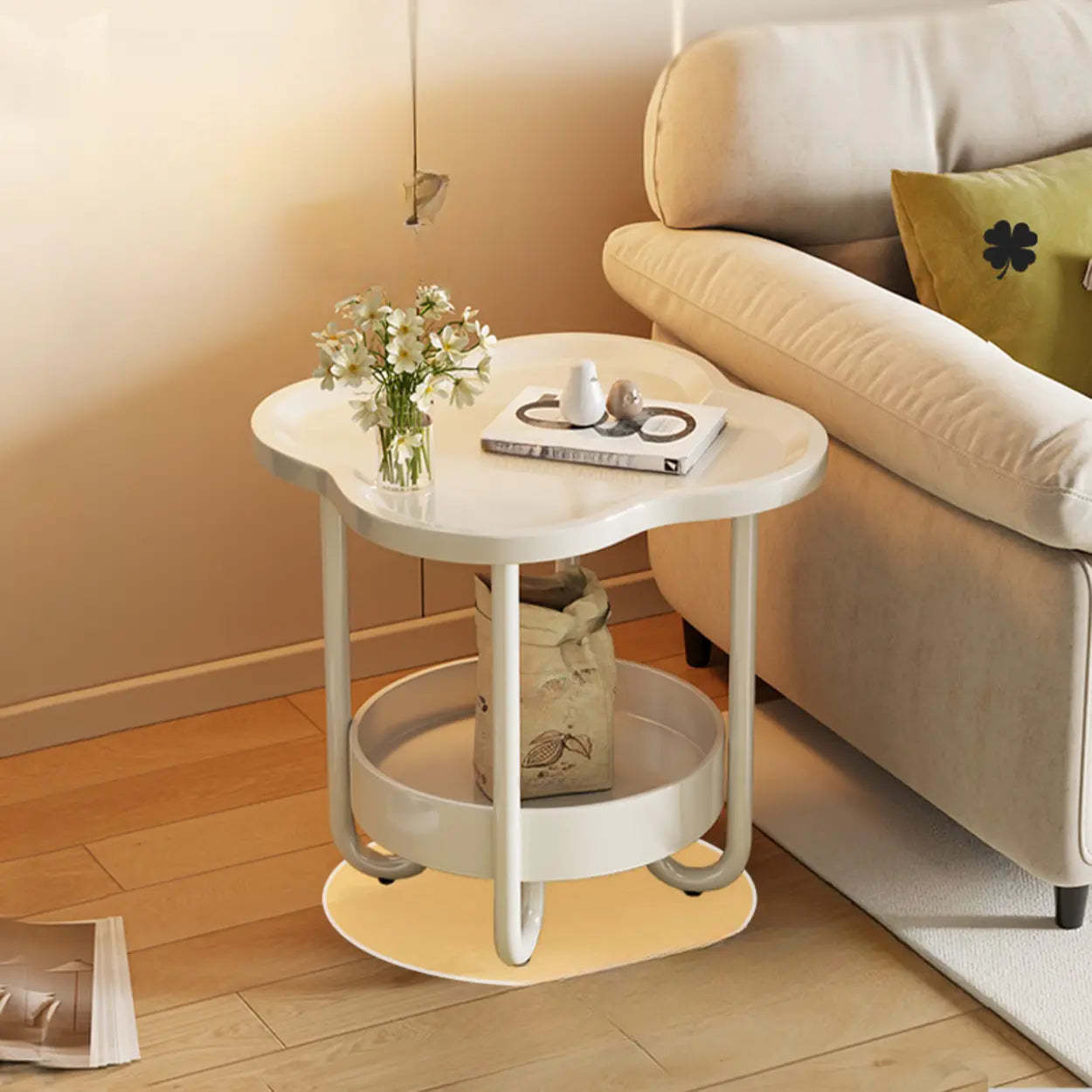 Modern Black Small Side Table with Shelf — Brown