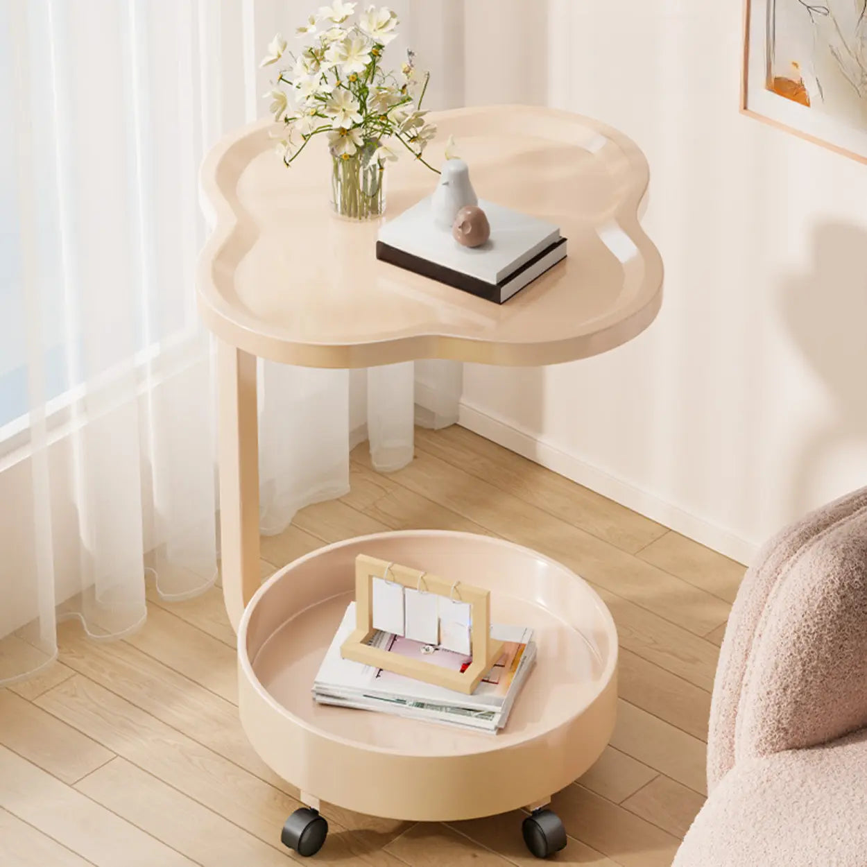 Modern Black Small Side Table with Shelf — Brown