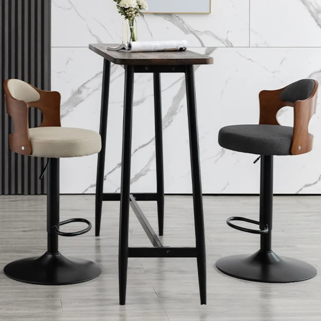 Modern Gray Round Rotatable Bar Stool with Back — Blackish Green