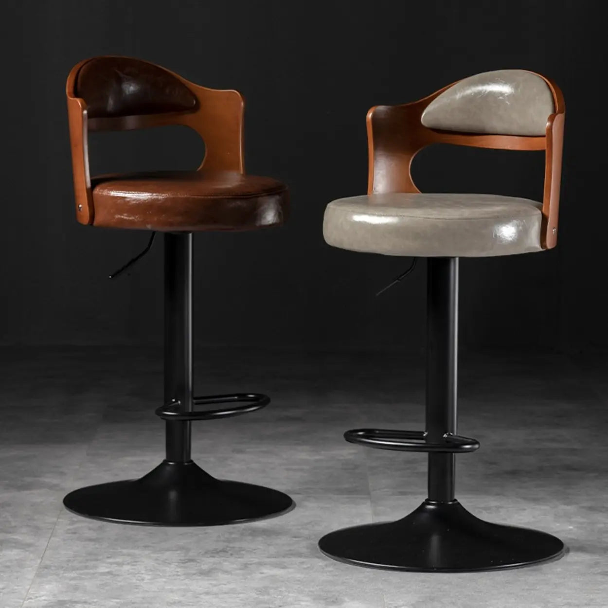 Modern Gray Round Rotatable Bar Stool with Back — Grey