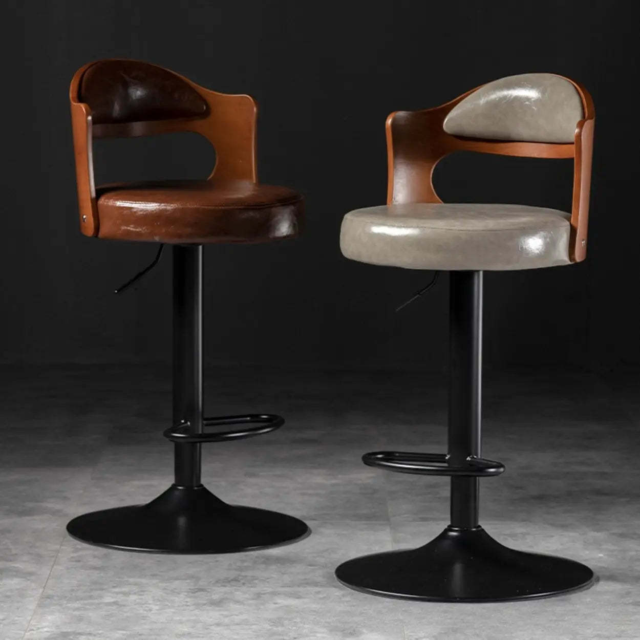 Modern Gray Round Rotatable Bar Stool with Back — Grey