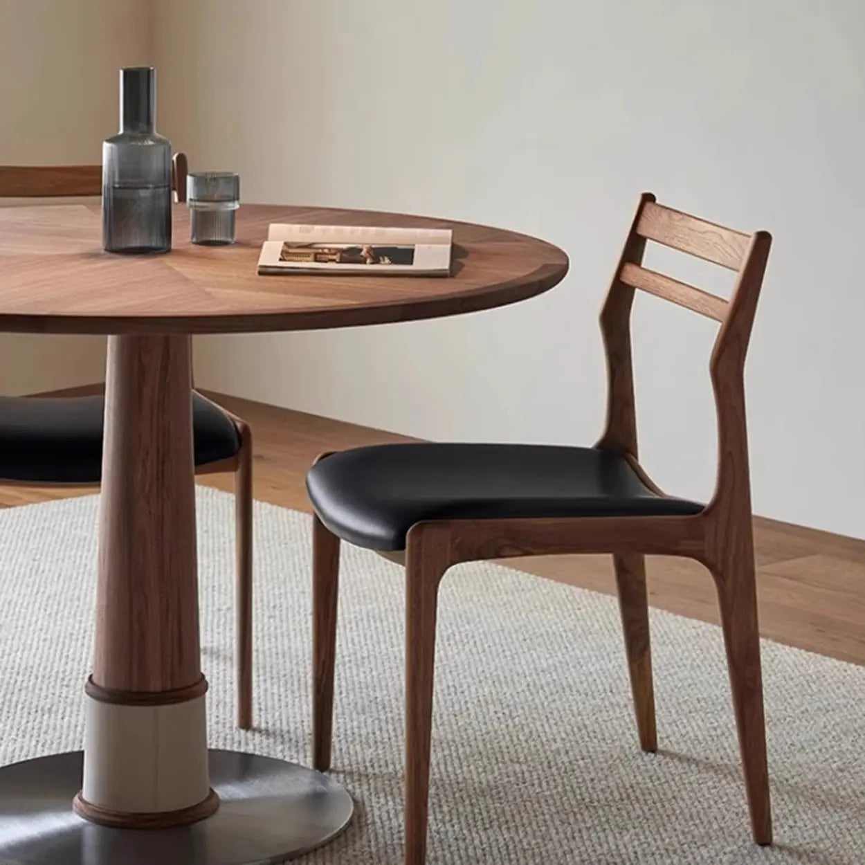 Modern Walnut Natural Wood Side Dining Chair — Black / Black