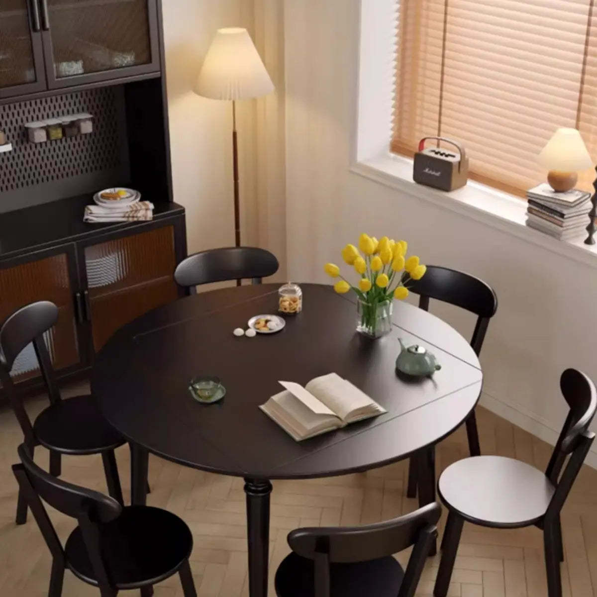 Modern Simple Black Round Wood Extendable Dining Table
