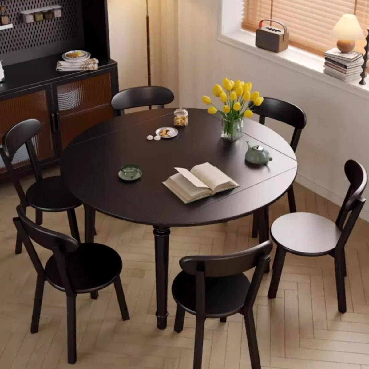 Modern Simple Black Round Wood Extendable Dining Table