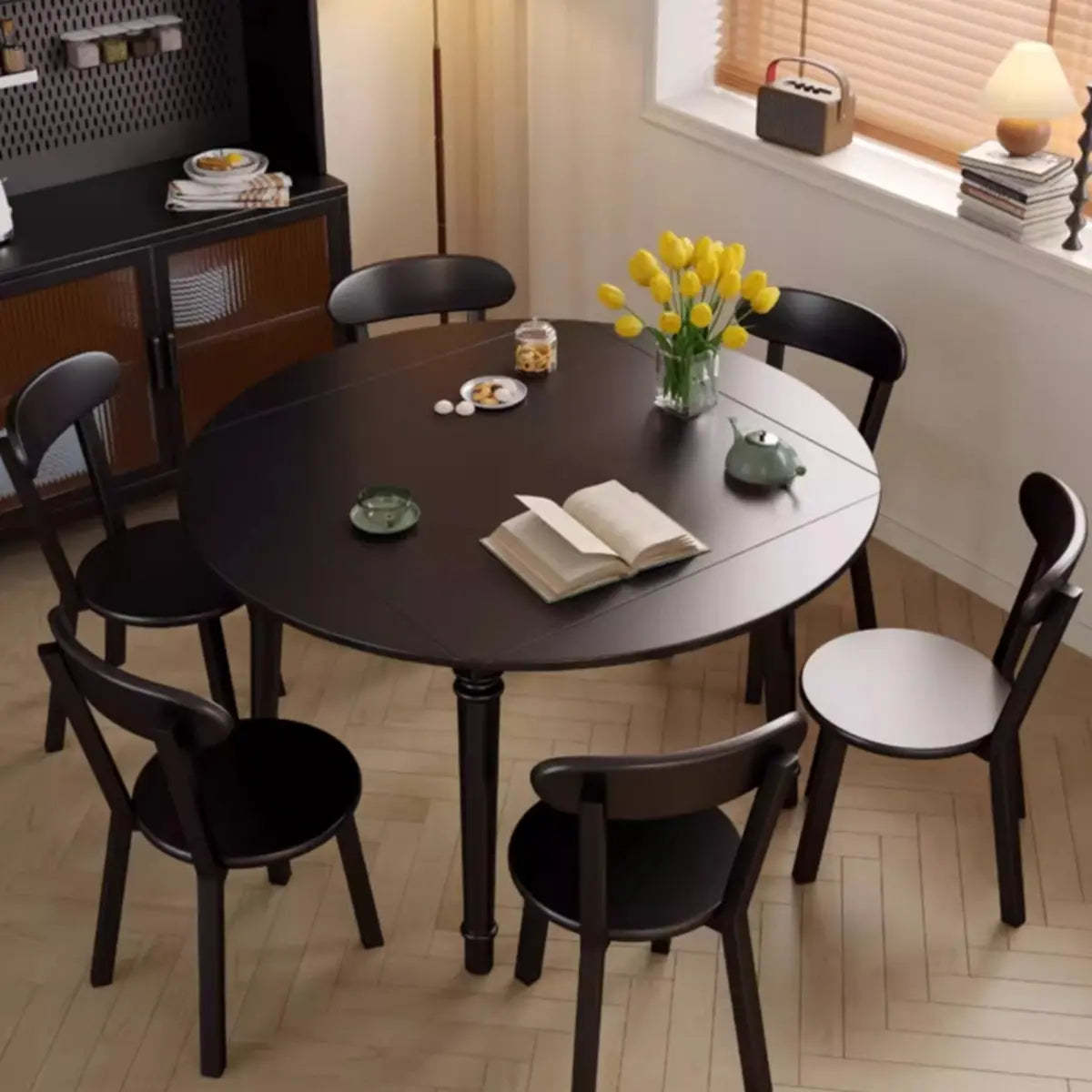 Modern Simple Black Round Wood Extendable Dining Table