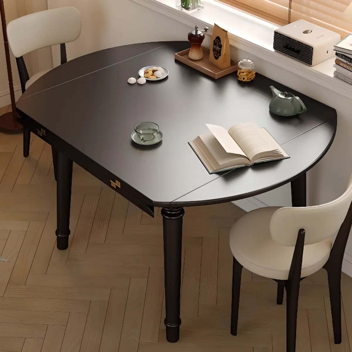 Modern Simple Black Round Wood Extendable Dining Table