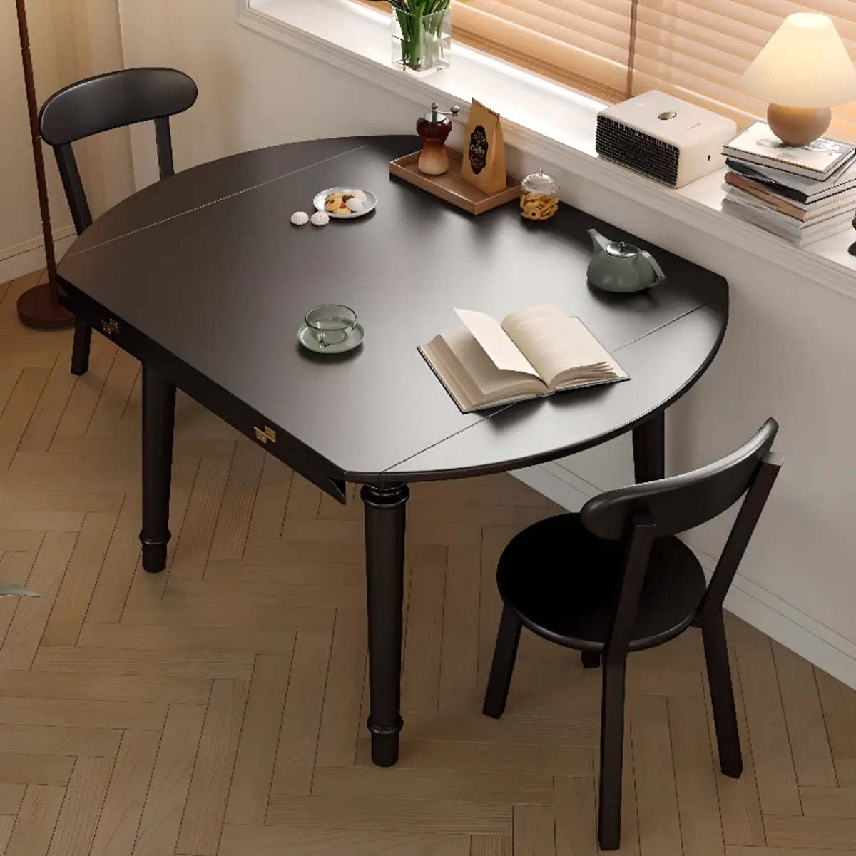 Modern Simple Black Round Wood Extendable Dining Table — Without Chairs / Walnut