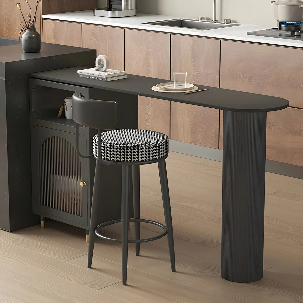 Modern Slim Bar Table with Rounded Edge and Storage — White-Black / Table Only