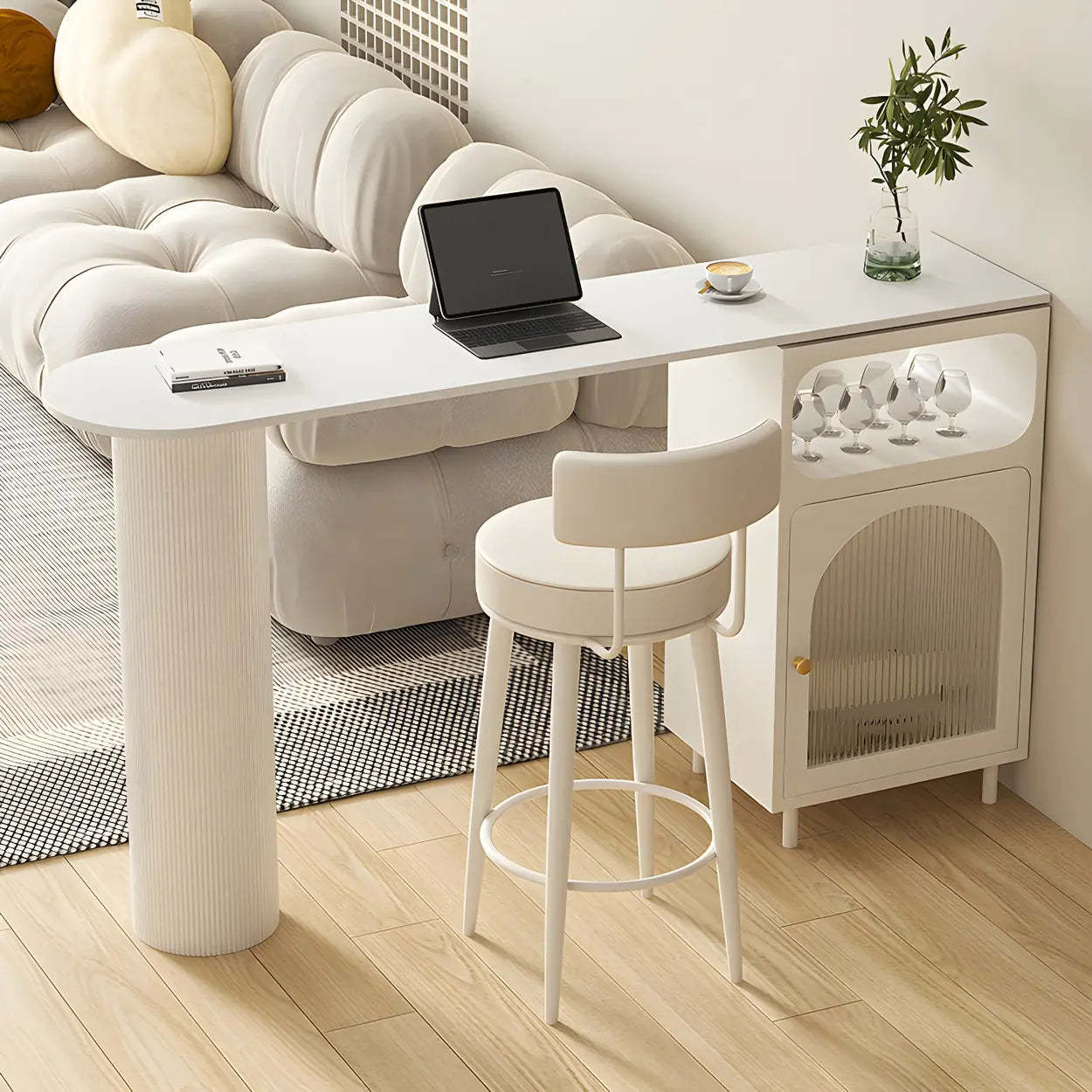 Modern Slim Bar Table with Rounded Edge and Storage — White-Gold / Table Only